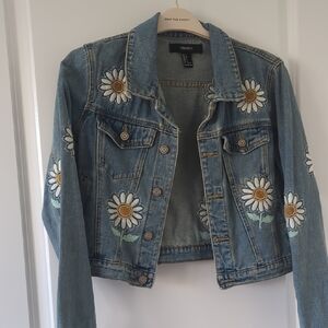 Forever 21 Light Blue Denim Jacket with Floral Design